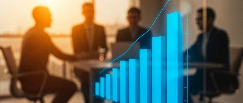 Grupo de personas en una sala empresarial discutiendo tips para hacer crecer un negocio detrás de una gráfica de barras que señala evolución favorable del negocio