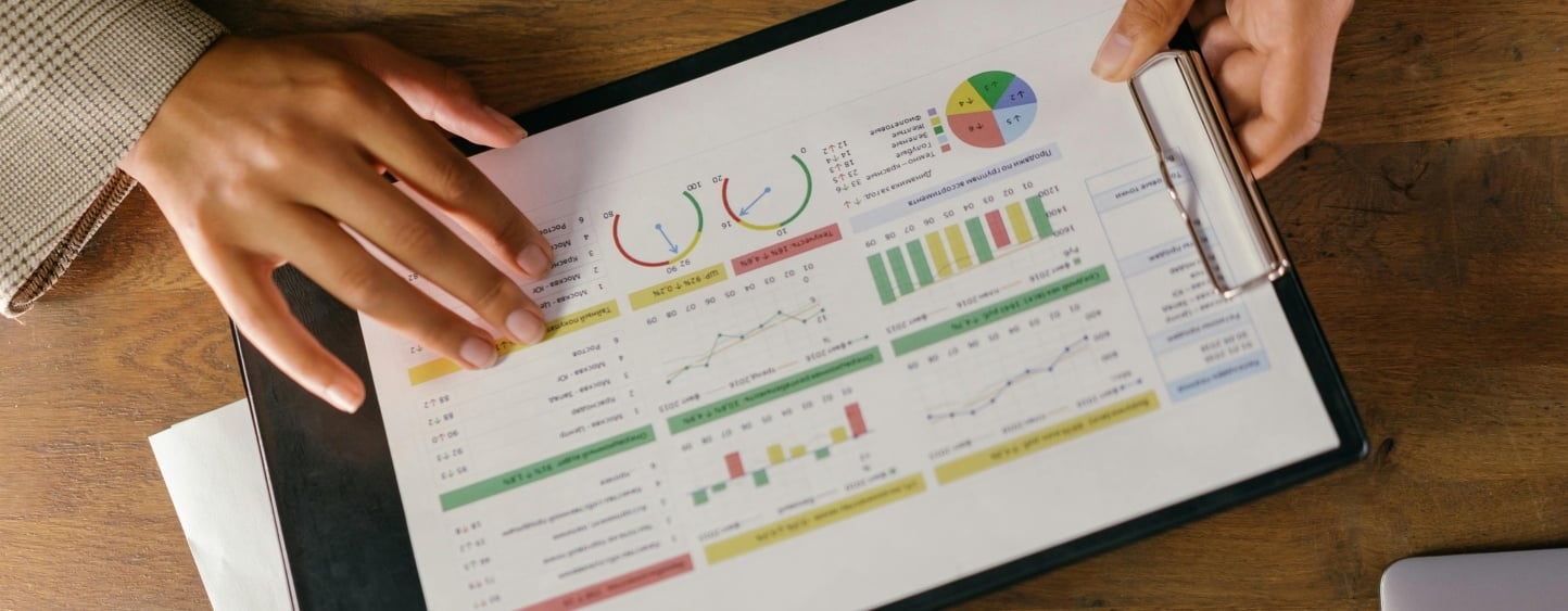 Portapapeles con hojas y gráficas impresas sobre el desempeño gracias a la evaluación 360