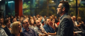 Persona dando mensaje ante una audiencia en un entorno empresarial, representando comunicación ejecutiva con buenas prácticas de lenguaje para el medio laboral