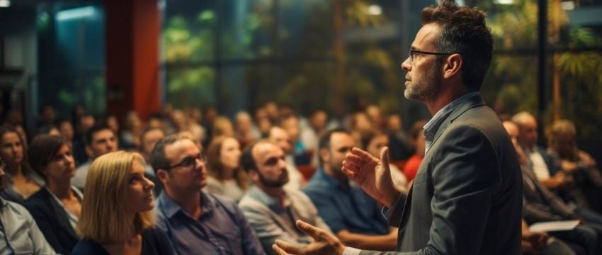 Persona dando mensaje ante una audiencia en un entorno empresarial, representando comunicación ejecutiva con buenas prácticas de lenguaje para el medio laboral