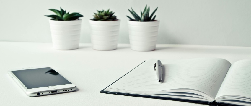 Libreta con macetas en una oficina donde se aplican tips de marketing y ventas para pymes